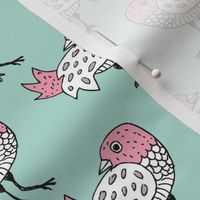 Quirky doodle birds illustration in blue and coral
