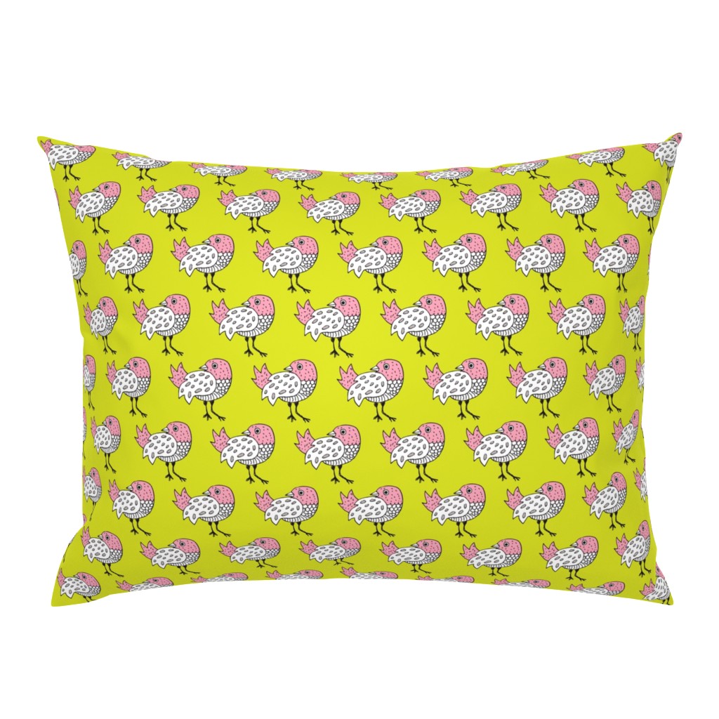 Quirky doodle birds illustration in lime and pink