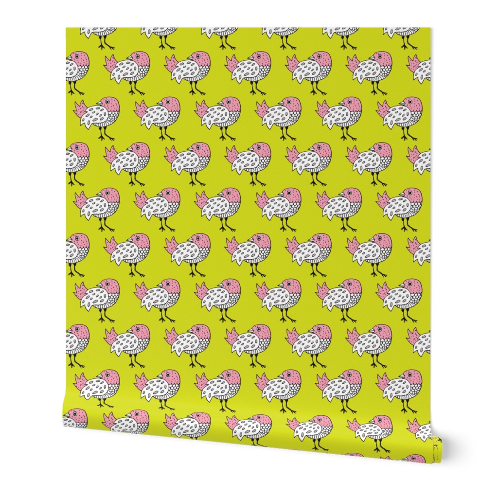 Quirky doodle birds illustration in lime and pink