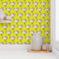 Quirky doodle birds illustration in lime and pink