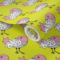 Quirky doodle birds illustration in lime and pink