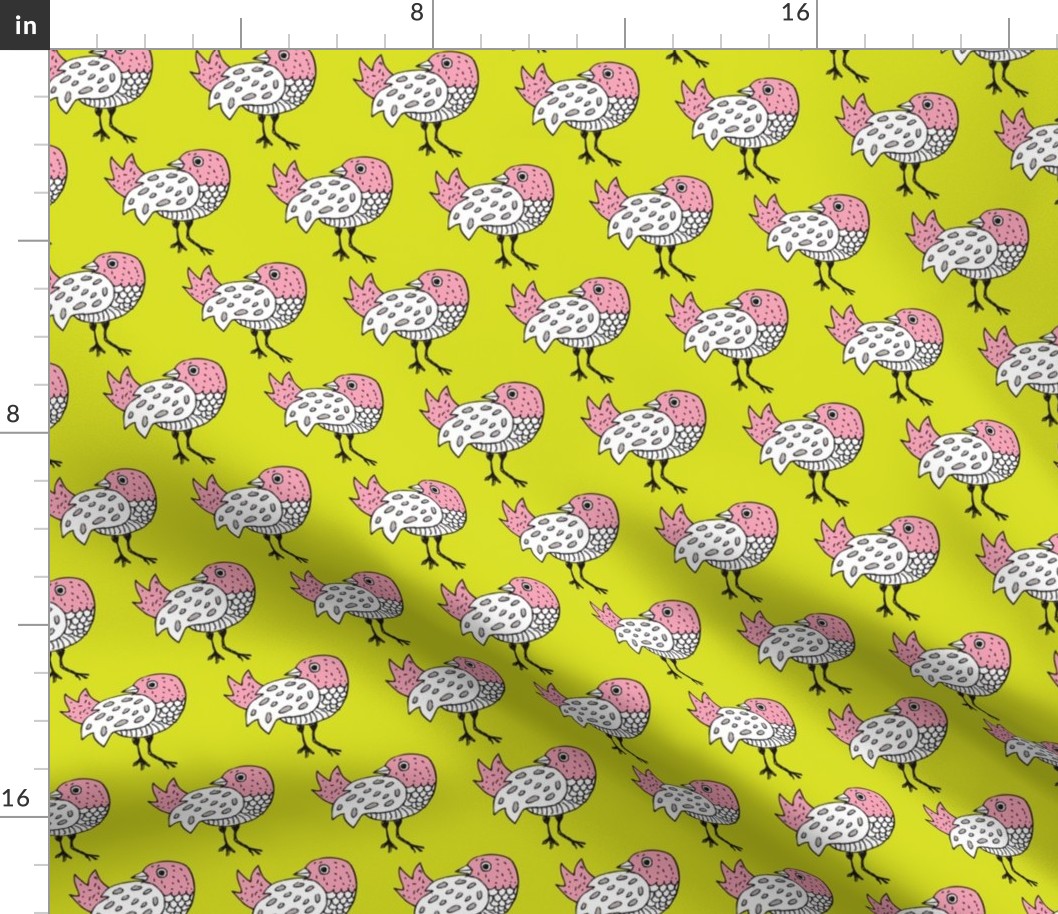 Quirky doodle birds illustration in lime and pink