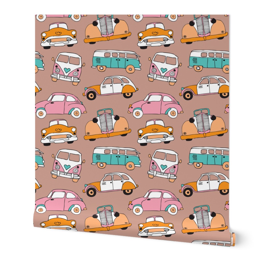 Vintage quirky oldtimers and car icons illustration pattern