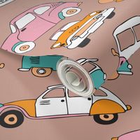 Vintage quirky oldtimers and car icons illustration pattern