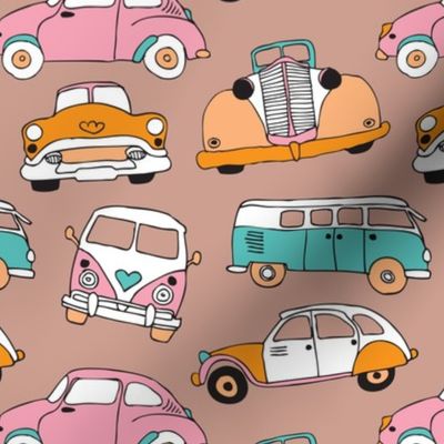 Vintage quirky oldtimers and car icons illustration pattern