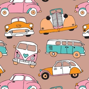 Vintage quirky oldtimers and car icons illustration pattern