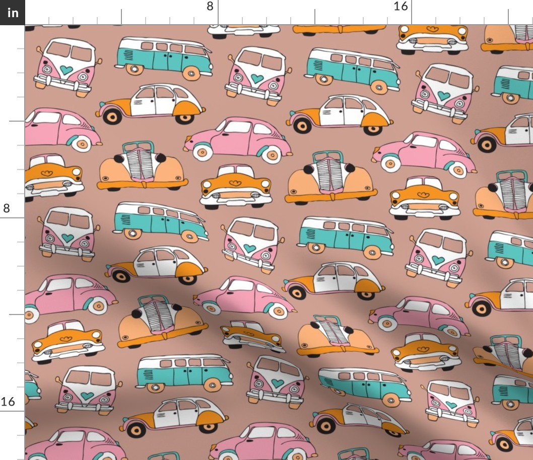 Vintage quirky oldtimers and car icons illustration pattern