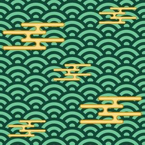 Japanese Clouds on Waves - Green and Gold
