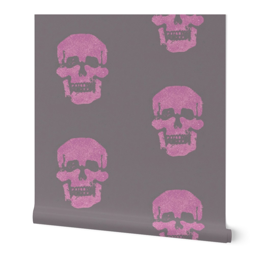Skull in magenta-pink with mousy brown-gray background