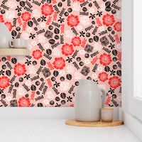 Scattered Butterfly Garden - Pale pink/Cardinal Red/Black/White by Andrea Lauren