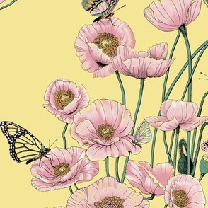 Pink Poppies_and_Butterflies on Pale Yellow.