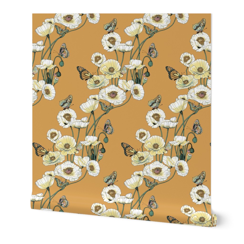 White and Pale Yellow Poppies on Gold.