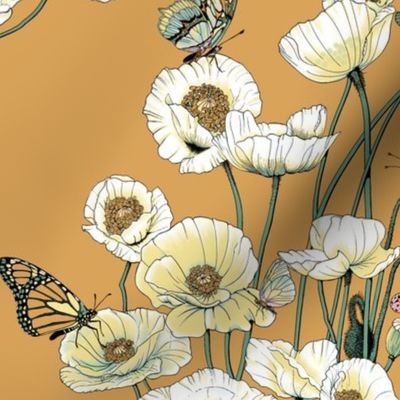 White and Pale Yellow Poppies on Gold.