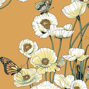 White and Pale Yellow Poppies on Gold.