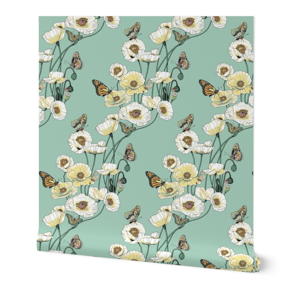 Poppies_and_Butterflies_Pale_yellow_blossoms_on_pale_aqua