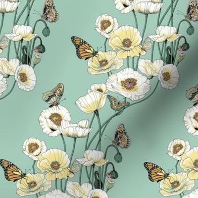 Poppies_and_Butterflies_Pale_yellow_blossoms_on_pale_aqua