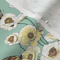 Poppies_and_Butterflies_Pale_yellow_blossoms_on_pale_aqua