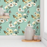 Poppies_and_Butterflies_Pale_yellow_blossoms_on_pale_aqua