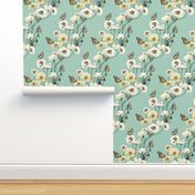 Poppies_and_Butterflies_Pale_yellow_blossoms_on_pale_aqua