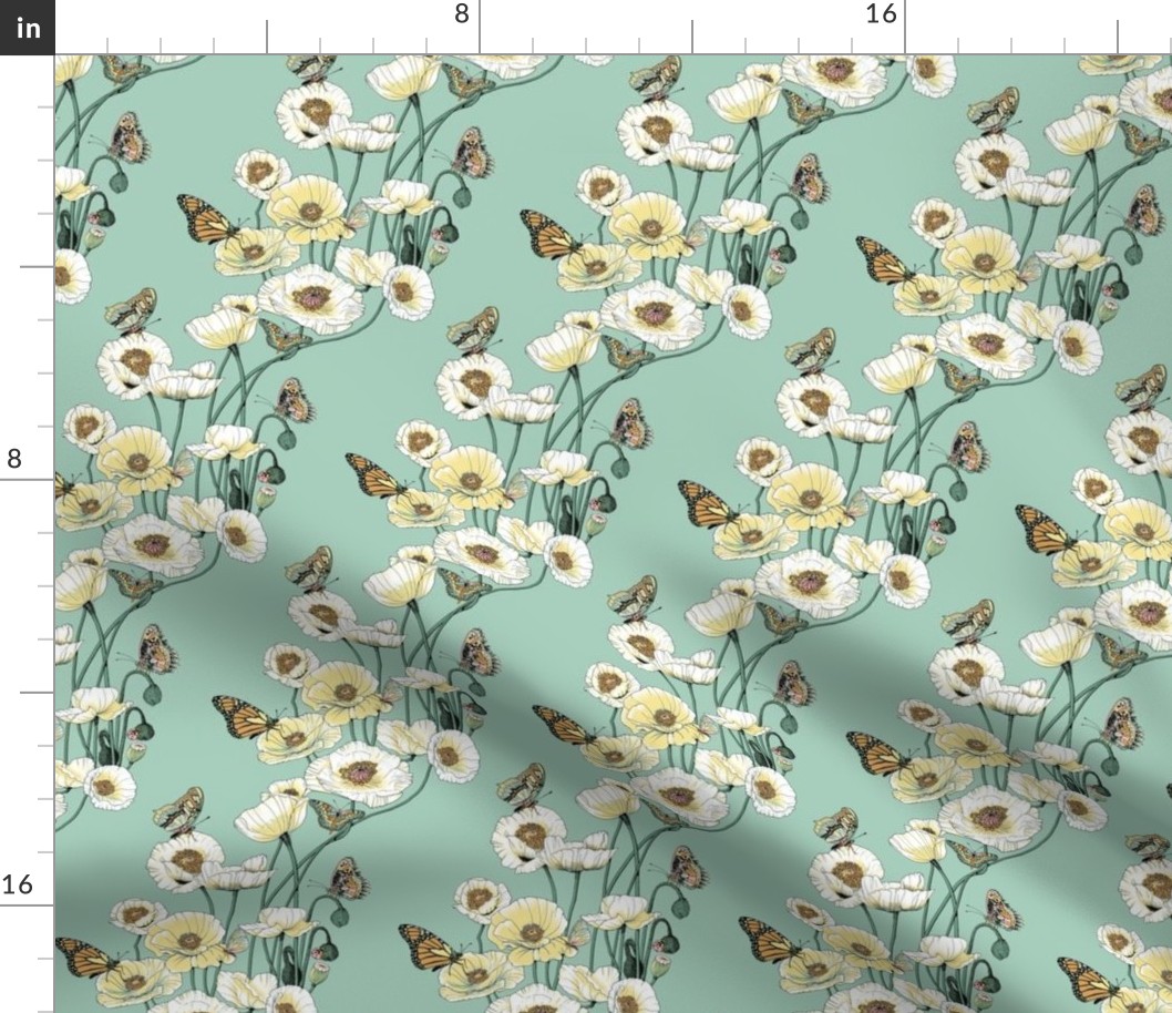 Poppies_and_Butterflies_Pale_yellow_blossoms_on_pale_aqua