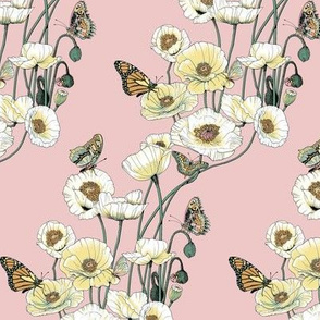 Poppies_and_Butterflies_Pale_yellow_blossoms_on_pale_pink