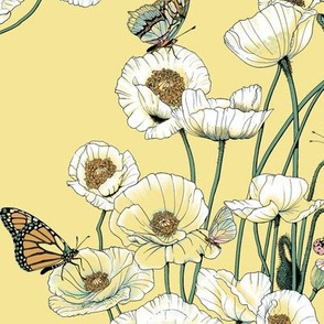 Poppies_and_Butterflies_Pale_yellow_blossoms_on_pale_yellow