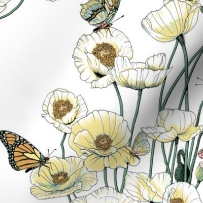 Poppies_and_Butterflies_Pale_yellow_blossoms_on_white