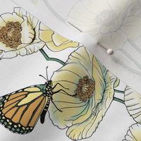 Poppies_and_Butterflies_Pale_yellow_blossoms_on_white