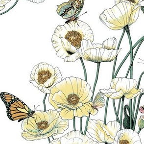 Poppies_and_Butterflies_Pale_yellow_blossoms_on_white