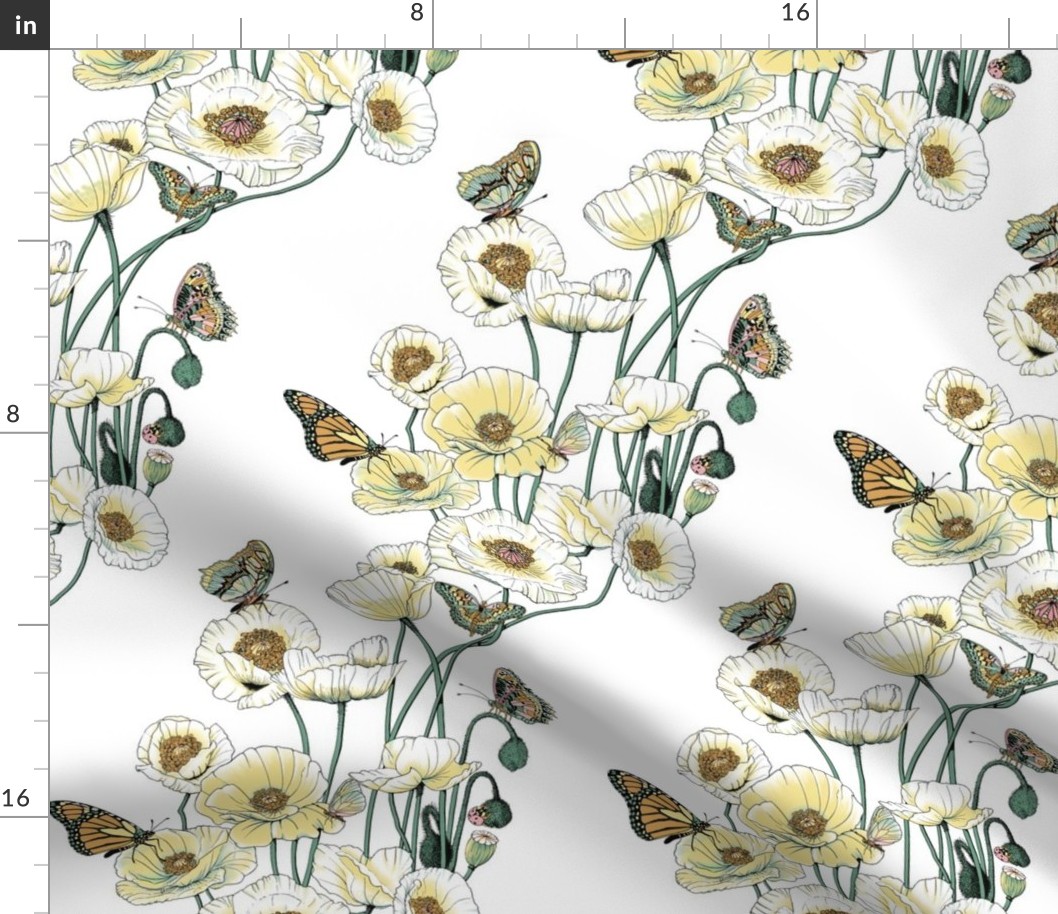 Poppies_and_Butterflies_Pale_yellow_blossoms_on_white