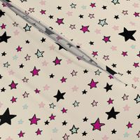 Paper Moon Collection - Pink Black Mint Green Stars on Cappuccino Cream