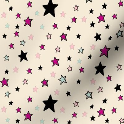  Paper Moon Collection - Pink Black Mint Green Stars on Cappuccino Cream