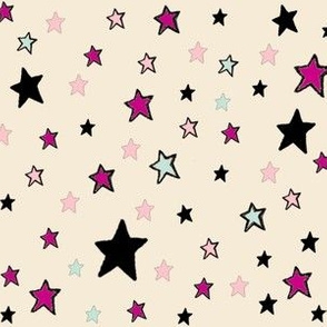  Paper Moon Collection - Pink Black Mint Green Stars on Cappuccino Cream