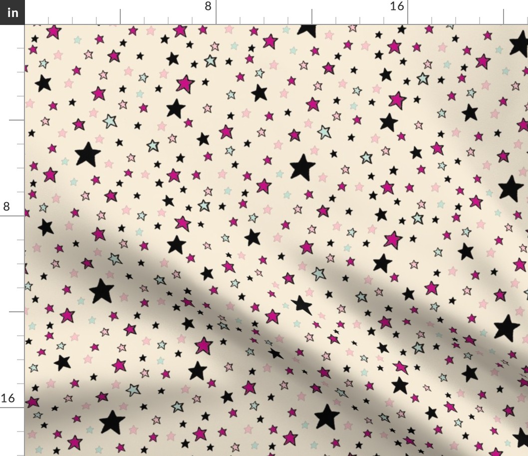  Paper Moon Collection - Pink Black Mint Green Stars on Cappuccino Cream