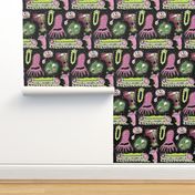 Cosmic Cooties! Half-brick repeat, black pink green lime 