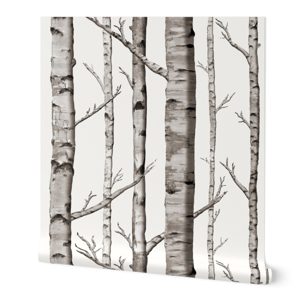 Birch Grove Fabric and Wallpaper in Warm Grey and Linen White