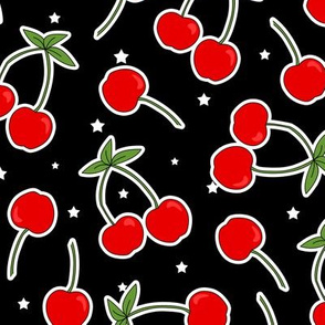 Red Cherries Pattern Black with White Stars