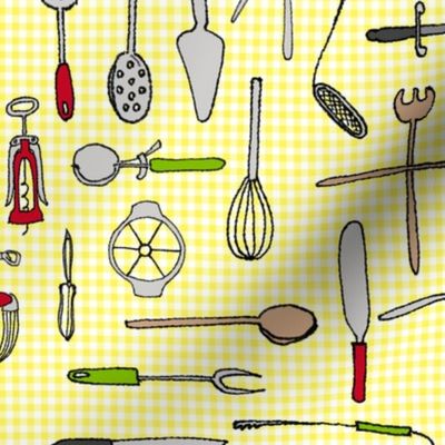 essential utensils on yellow gingham