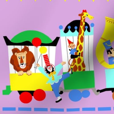 circus trains animals lions clowns balloons giraffes monkeys elephants music band tuba flags bears birds toucans procession zoo whimsical adorable