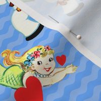 vintage kids kitsch mermaids sailors hearts valentines children ocean sea water waves puppy puppies dogs dog navy nautical  fairy tales