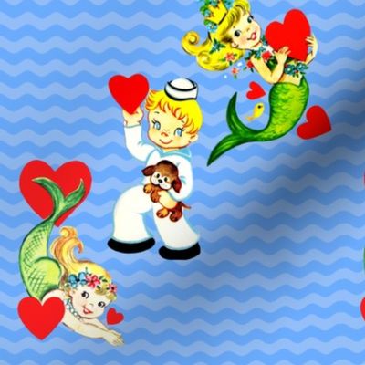 vintage kids kitsch mermaids sailors hearts valentines children ocean sea water waves puppy puppies dogs dog navy nautical  fairy tales