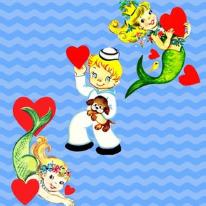 vintage kids kitsch mermaids sailors hearts valentines children ocean sea water waves puppy puppies dogs dog navy nautical  fairy tales