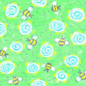Green crayon field with bumblebees