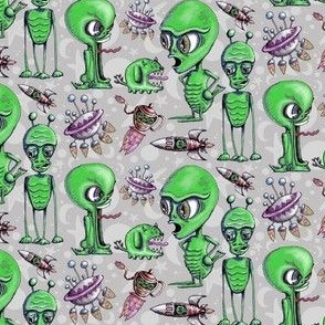 Little Green Men and their flying machines, green and gray grey