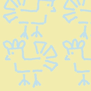 Chicken 3 Feathers Crosses the Road (butter yellow background