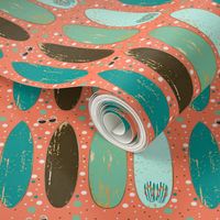 Vintage Surf Boards Sunnies and Flip Flops on Peach Dots