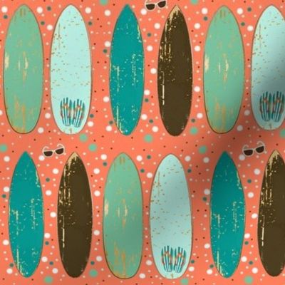 Vintage Surf Boards Sunnies and Flip Flops on Peach Dots