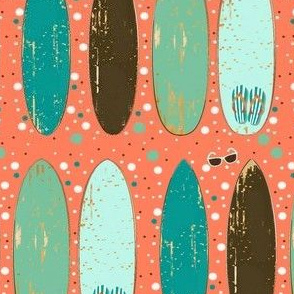 Vintage Surf Boards Sunnies and Flip Flops on Peach Dots