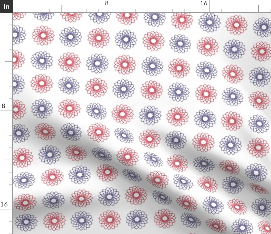 gear-drawn spirals in red, white and blue