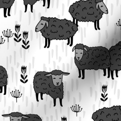 Field of Sheep - sheep fabric // charcoal and white farm animals design andrea lauren fabric by Andrea Lauren